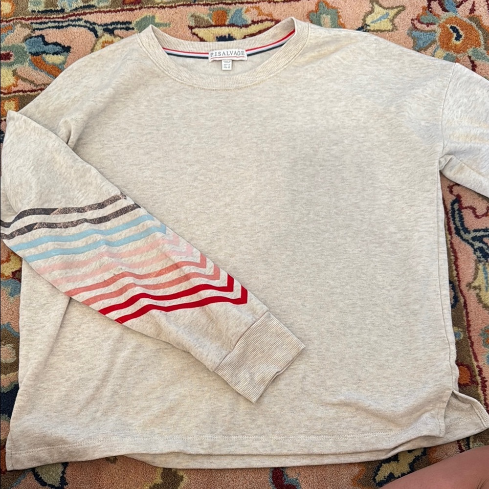 Gray Long Sleeve Shirt with Striped Sleeve